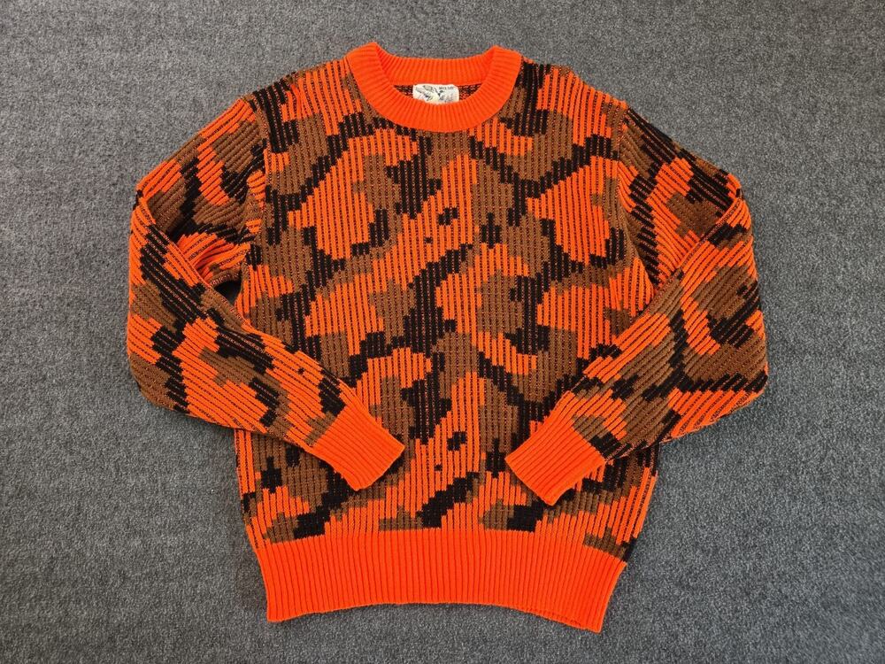 Duck Bay Vtg 90s Orange Blaze Camo Rib Knit Sweater Mens Sz Lg Hunting Gorpcore